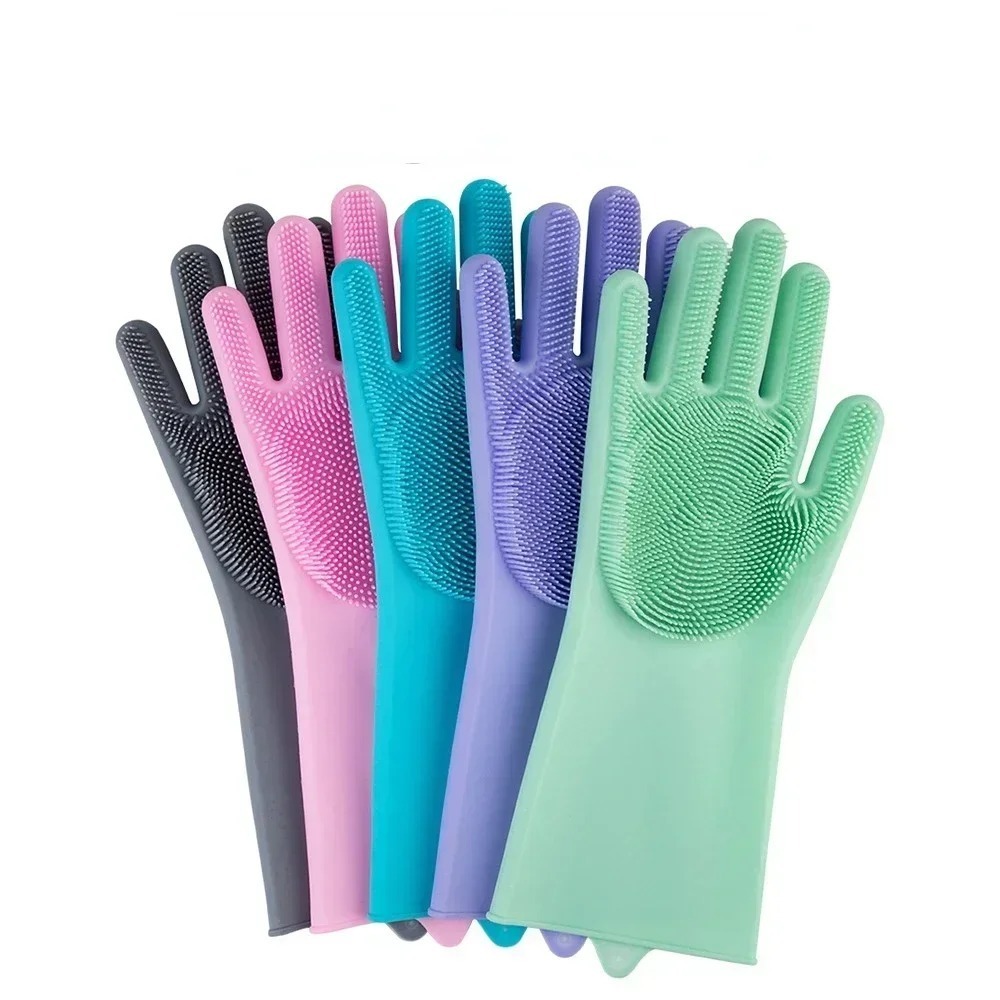 magic silicone dish washing gloves | reusable heat resistant rubber cleaning gloves with built in scrubber for kitchen, dishes, car, bathroom & household use (1 pair)