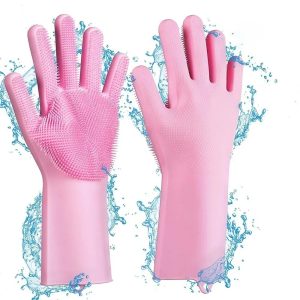 magic silicone dish washing gloves | reusable heat resistant rubber cleaning gloves with built in scrubber for kitchen, dishes, car, bathroom & household use (1 pair)