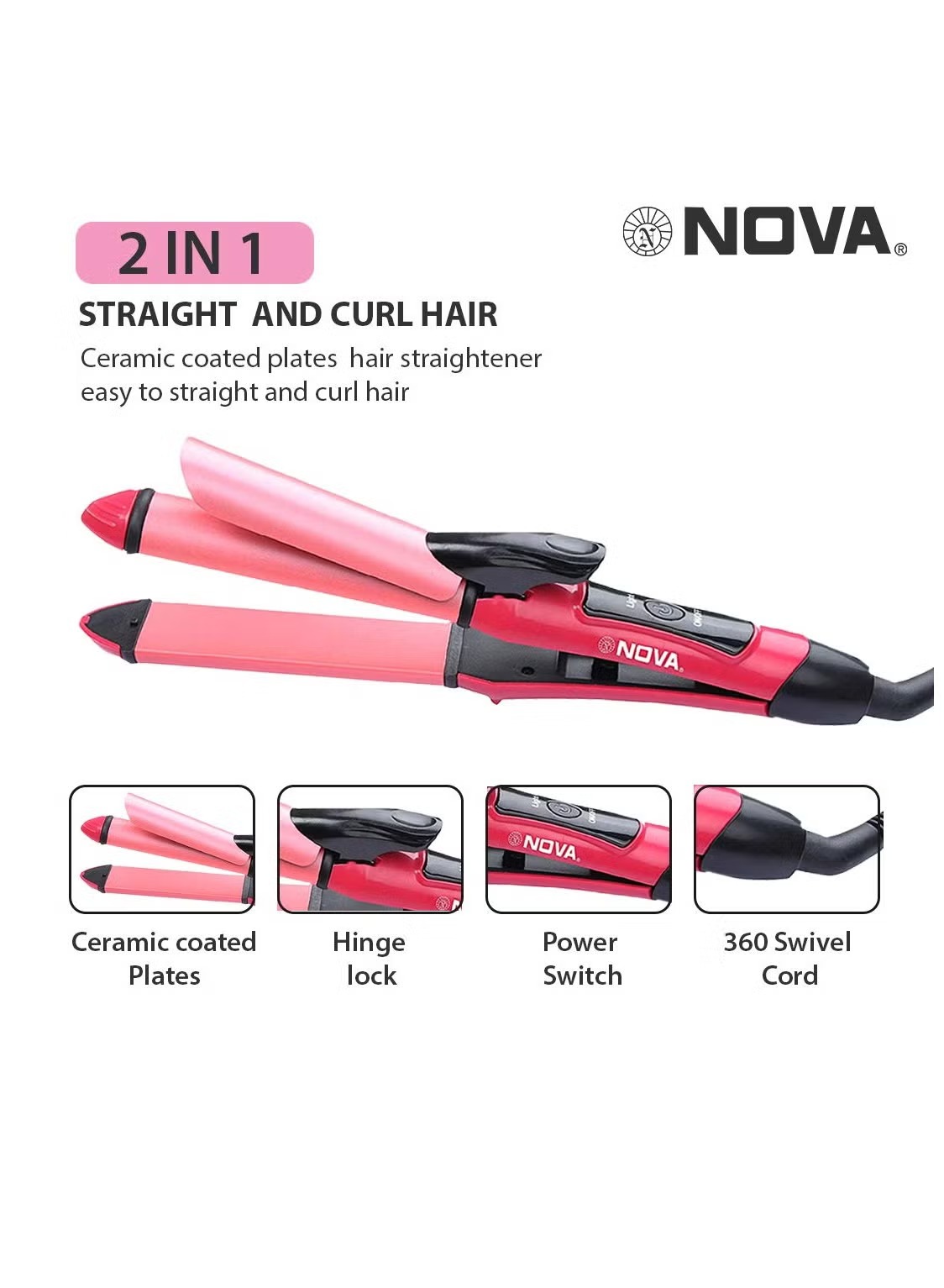 nova 2‑in‑1 hair straightener & curler | model nhc‑2009 | professional styling tool