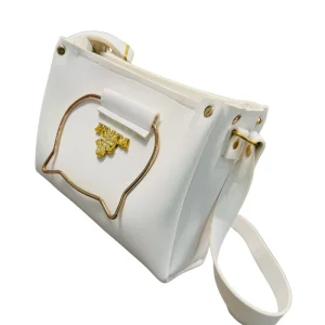 White Elegant Cat Handle Handbag for Girls & Ladies | Stylish Shoulder & Crossbody Bag with Gold Accents | Adjustable Strap