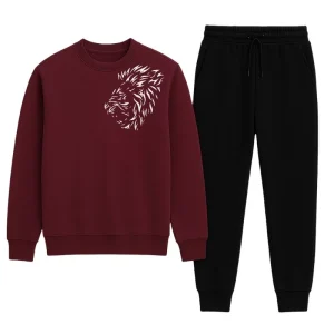LION Printed Maroon  Tracksuit Sweatshirt & Trouser  | Warm & Comfortable Winter Wear | Large