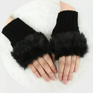 Women’s Faux Fur Fingerless Knitted Gloves | Warm Winter Hand Wrist Warmers | Soft, Stylish & Comfortable | Black